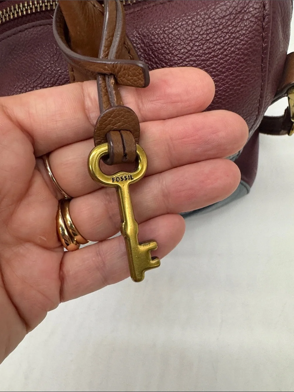 Fossil Leather Colorblock Satchel Bag in Burgundy, Navy & Gray